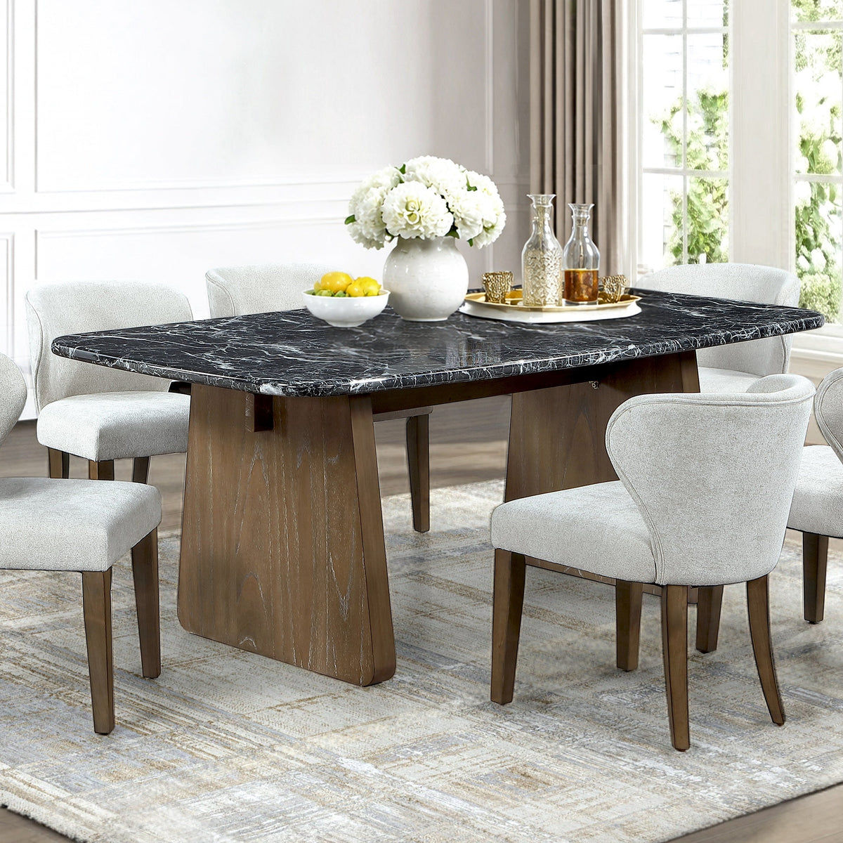 Contemporary Walnut Brown & Black Marble-Look 7-Piece Dining Room Set