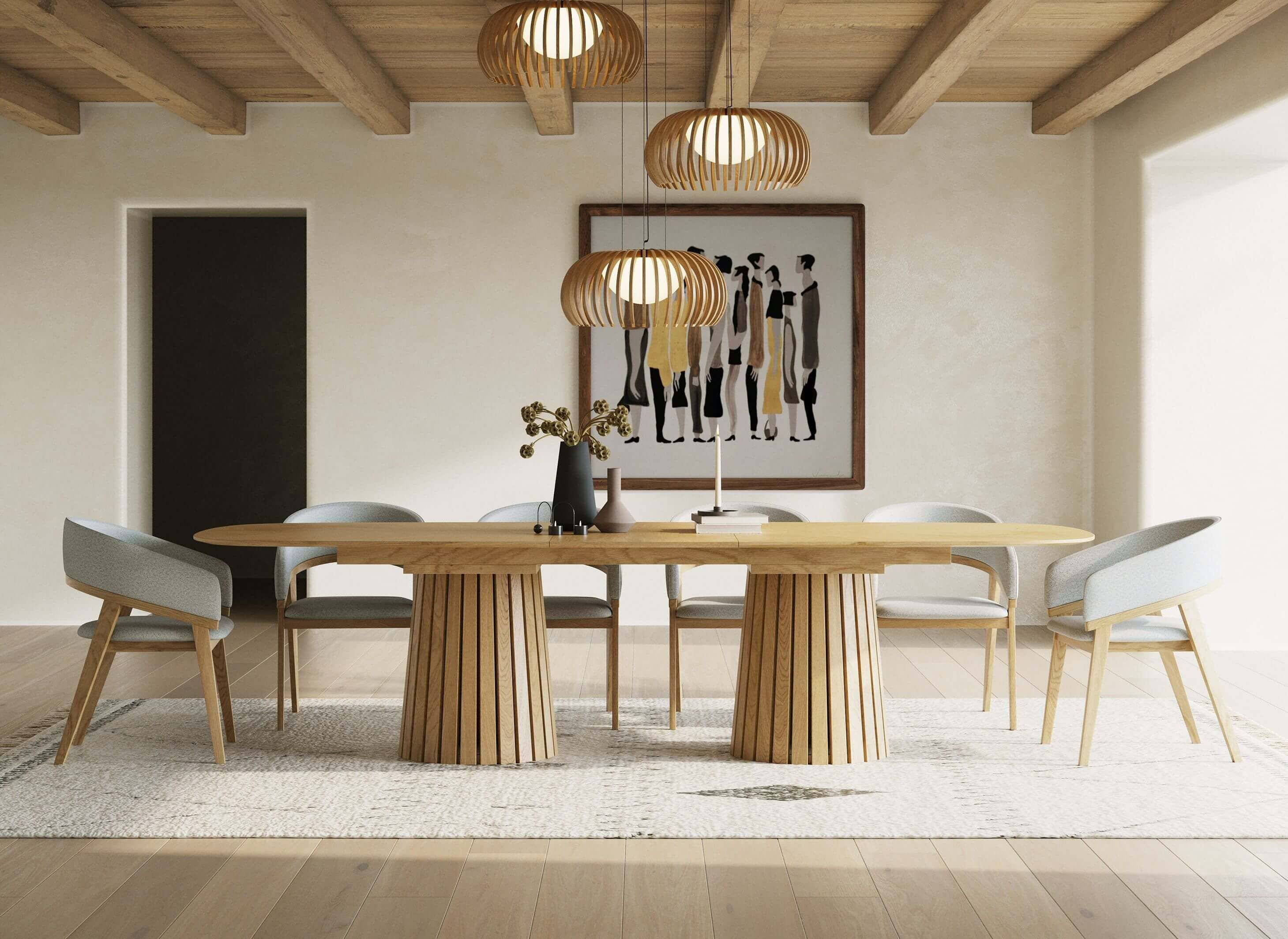 Modrest Truman Mid-Century Modern Natural Oak Extendable Dining Table + 6 Chairs Set