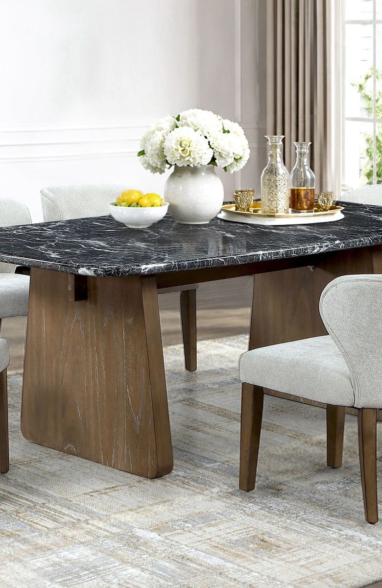 Contemporary Walnut Brown & Black Marble-Look 7-Piece Dining Room Set
