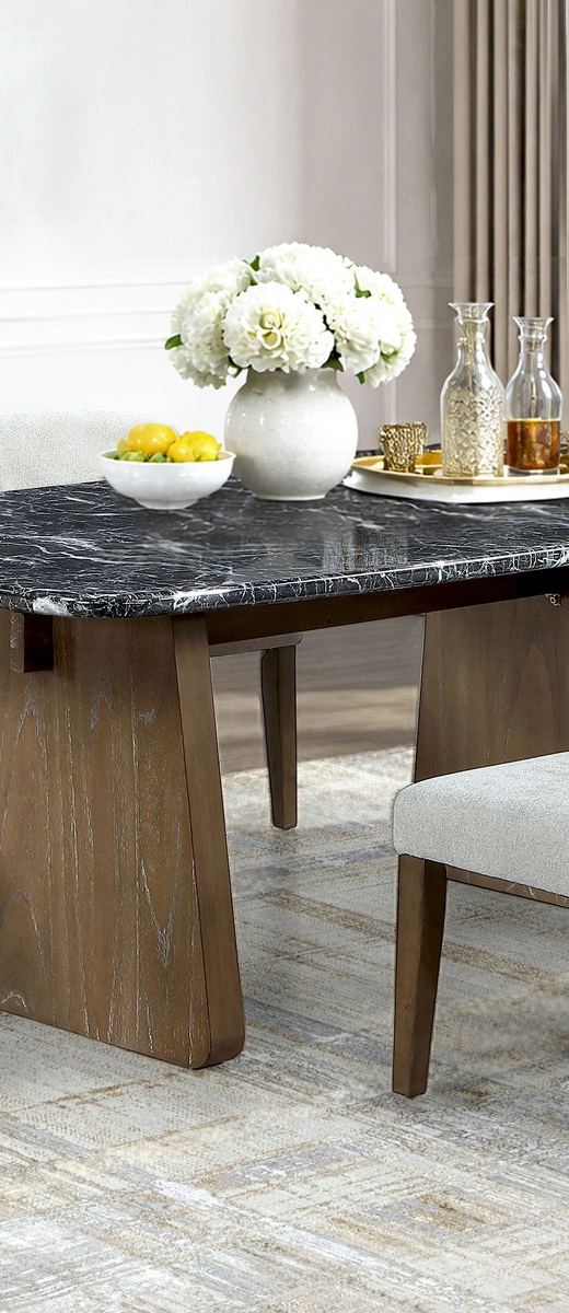 Contemporary Walnut Brown & Black Marble-Look 7-Piece Dining Room Set
